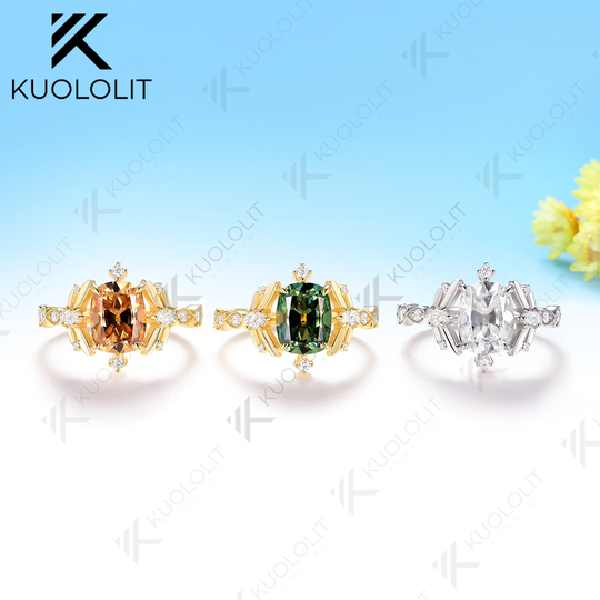 Kuololit 3CT OMC Cyan Champagne Moissanite for Women Solid 14K 10K 585 Yellow Gold Cushion Engagement Ring for Christmas Gifts