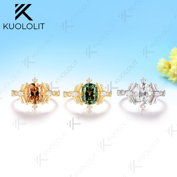 Kuololit 3CT OMC Cyan Champagne Moissanite for Women Solid 14K 10K 585 Yellow Gold Cushion Engagement Ring for Christmas Gifts