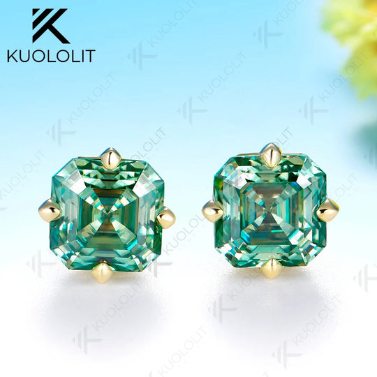 Kuololit 4CTW Asscher Cut Cyan Moissanite Stud Earrings for Women Solid 14K 10K 585 Gold Earrings for Engagement Wedding Christmas