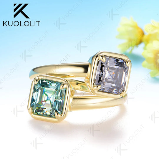 Kuololit 4CTW Asscher Cut Gray Cyan Moissanite for Women Solid 14K 10K 585 Yellow Gold for Engagement Wedding Christmas Gifts