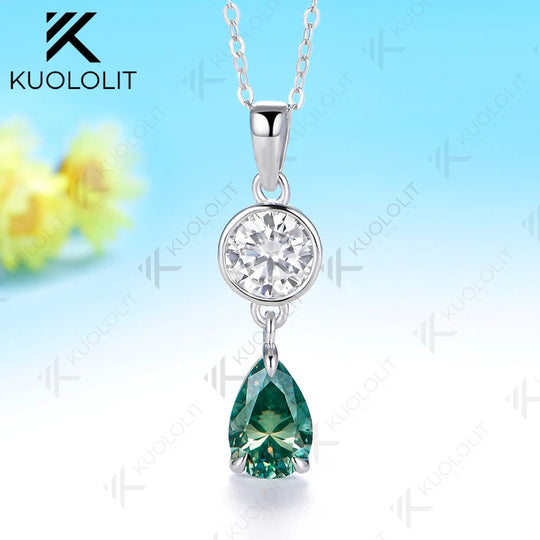Kuololit 2.5CTW Cyan Pear Round Cut Moissanite Custom Necklace for Women Solid 585 14K 10K White Gold for Christmas Gifts Party