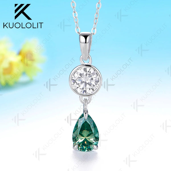 Kuololit 2.5CTW Cyan Pear Round Cut Moissanite Custom Necklace for Women Solid 585 14K 10K White Gold for Christmas Gifts Party