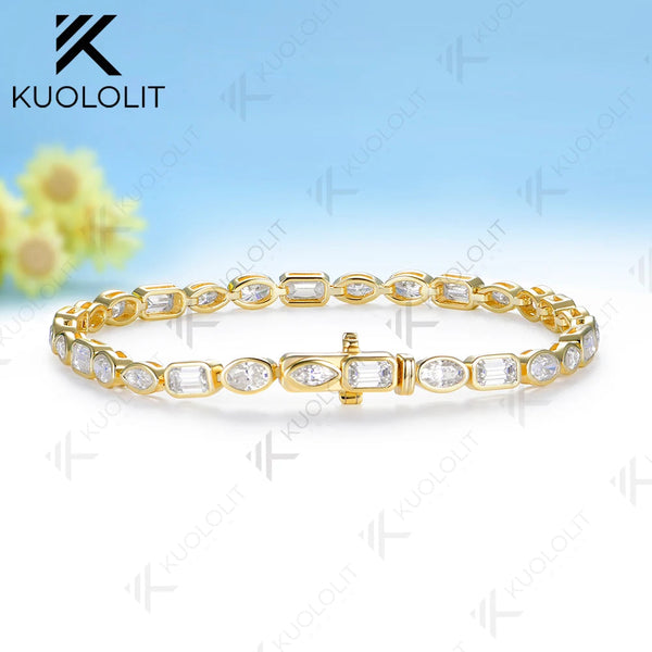 Kuololit 10CTW Marquise Oval Emerald Moissanite Custom Bracelet for Women Men 14K 10K 585 Yellow Gold for Christmas Gifts Party