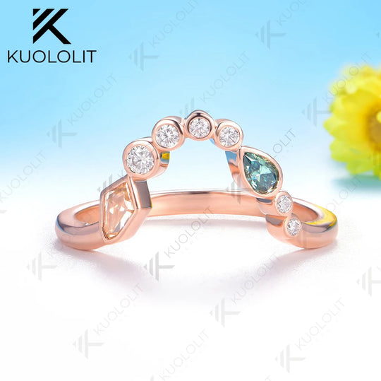 Kuololit 0.7CTW Champagne Cyan Moissanite V Ring for Women Soild 10K 14K Rose Gold Pear Cut Wedding Band for Christmas Gift