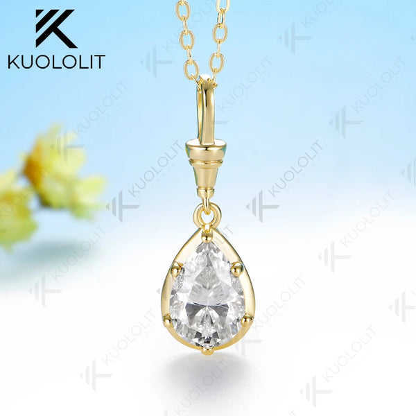 Kuololit 2CT Pear Cut Moissanite Custom Necklace for Women Solid 585 14K 10K Yellow Gold Necklace for Christmas Gifts Engagement