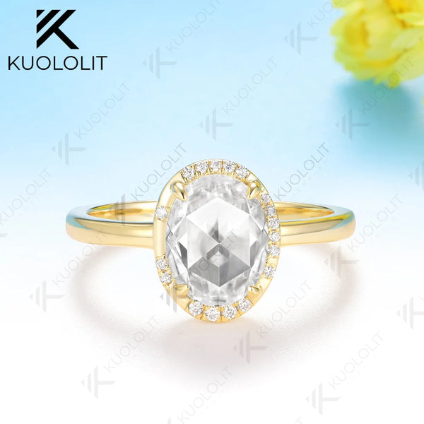 Kuololit 2CT Rose Oval Cut Moissanite Ring for Women Soild 10K 14K Yellow Gold Engagement Ring for Christmas Gift Anniversary