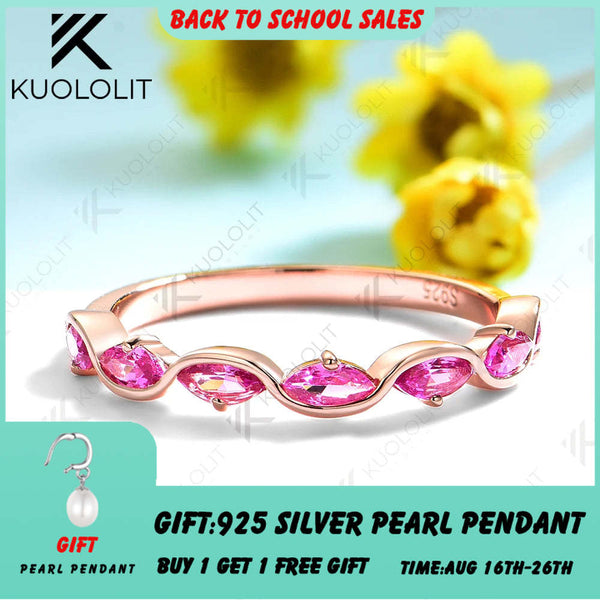 Kuololit 0.7CTW Lab Grown Pink Sapphire Marquise Ring for Women Solid 14K 10K 585 Rose Gold Wedding Band for Christmas Gifts