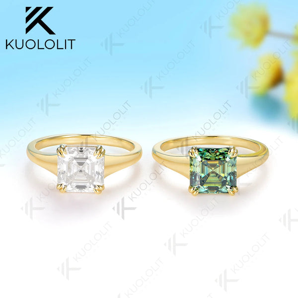Kuololit 2.5CT Asscher Cut Moissanite Custom Ring for Women Solid 14K 10K 585 Yellow Gold for Engagement Wedding Christmas Gifts