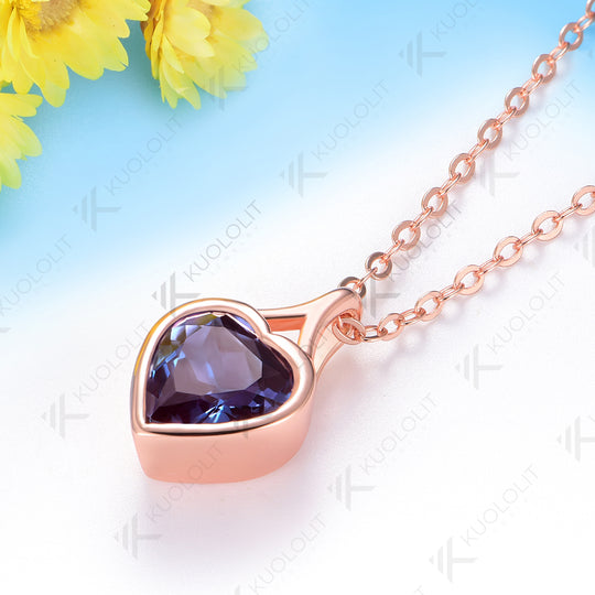 Kuololit 2CT Moissanite Lab Grown Alexandrite Heart Necklace for Women Solid 14K 10K 585 Rose Gold Heart Necklace for Christmas Gifts Party
