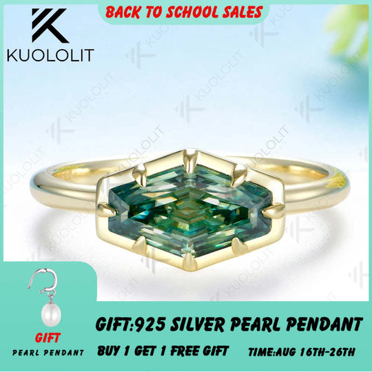 Kuololit 2CT Hexagon Cyan Moissanite Ring for Women Solid 14K 10K 585 Yellow Gold for Engagement Ring for Christmas Gifts Party