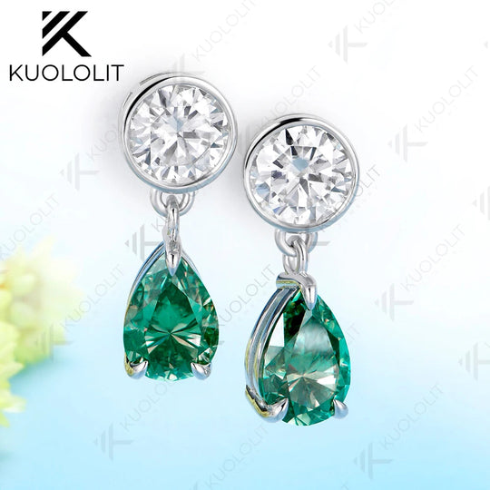 Kuololit 5CTW Cyan Pear Round Cut Moissanite Custom Stud Earrings for Women Solid14K 10K 585 White Gold for Christmas Gift Party