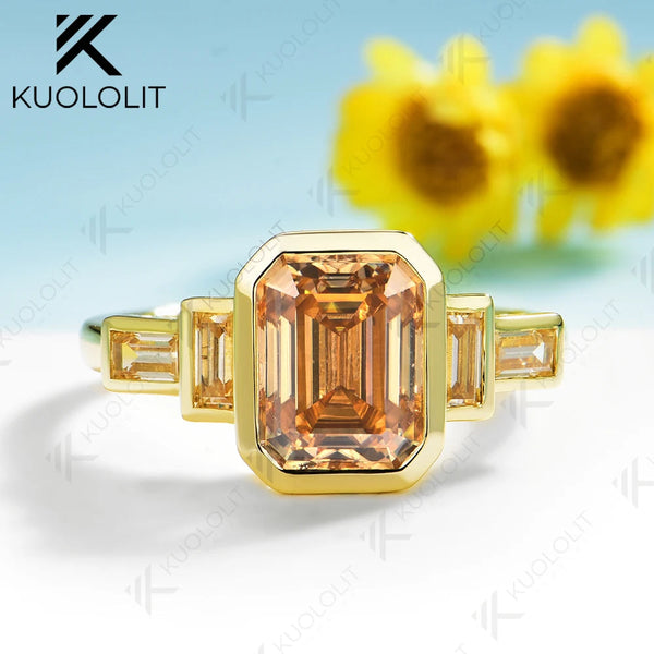 Kuololit 3CT Champange Moissanite Ring for Women Solid 14K 10K 585 Yelllow Gold Emerald Engagement Ring for Christmas GiftsParty