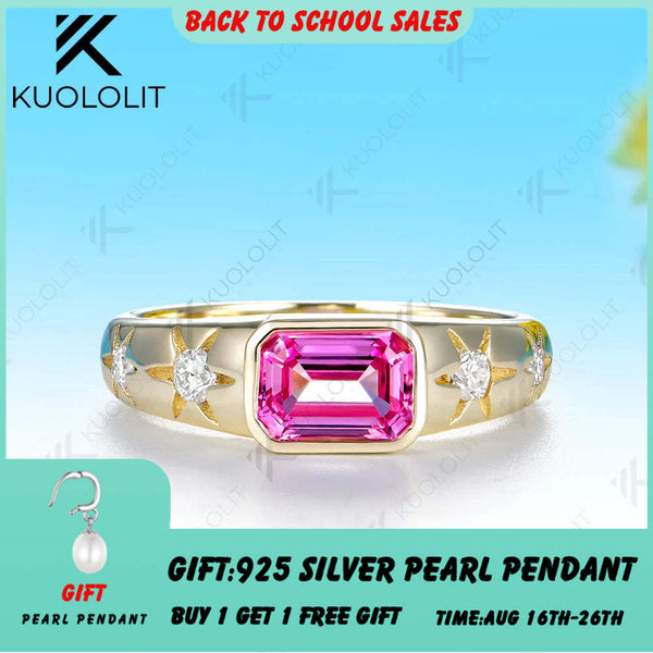 Kuololit 1CT Lab Grown Pink Sapphire Custom Ring for Women Solid 14K 10K 585 Yellow Gold Engagement Ring for Christmas Gifts