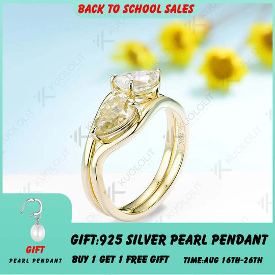 Kuololit 3.0ctw Pear Moissanite Engagement Ring for Women Solid 18K 14K 10K 585 Yellow Gold Double Set Ring for Christmas Gifts