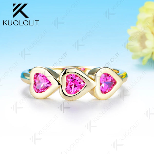 Kuololit 1CTW Heart Lab Grown Pink Sapphire Ring for Women Solid 14K 10K 585 Yellow Gold for Christmas Gifts Anniversary Jewelry