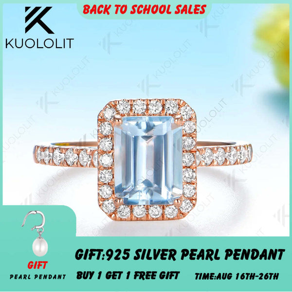 Kuololit 2CT Natural Aquamarine Lab Grown Diamonds Custom Ring for Women Solid 14K 10K 585 Yellow Gold for Christmas Gifts Party