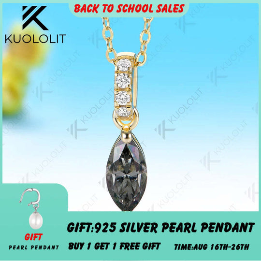 Kuololit 1CT Gray Moissanite Custom Necklace for Women Solid 585 14K 10K Yellow Gold Marquise Necklace for Christmas Gifts Party