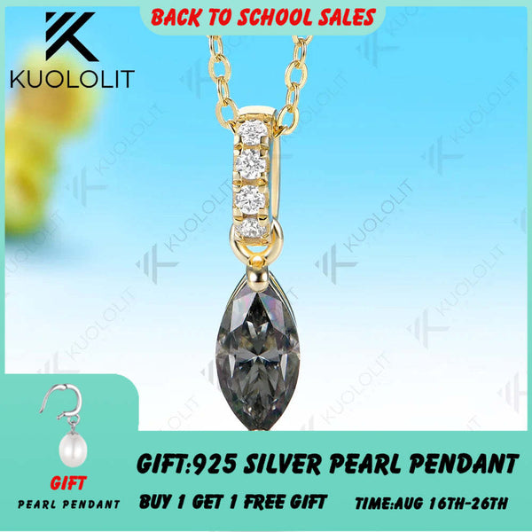 Kuololit 1CT Gray Moissanite Custom Necklace for Women Solid 585 14K 10K Yellow Gold Marquise Necklace for Christmas Gifts Party