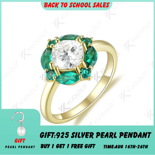 Kuololit Lab Grown Emerlald and Moissanite Rings for Women Solid 14K 10K 585 Silver Yellow Gold for Engagement Wedding Christmas