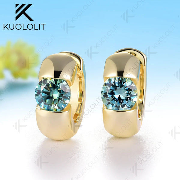 Kuololit 2CTW Cyan Moissanite Custom Hoop Earrings for Women Solid 14K 10K 585 Yellow Gold Hoop Earrings for Christmas Gifts