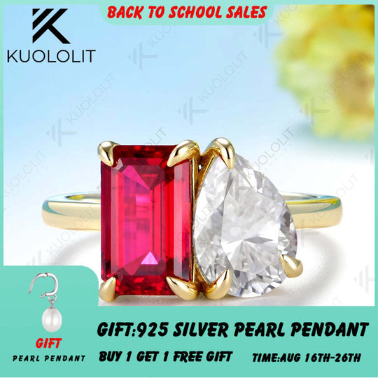 Kuololit 5.5CTW Lab Grown Ruby Moissantie Custom Ring for Women Solid 14K 10K  Yellow Gold Pear for Anniversary Christmas Gift