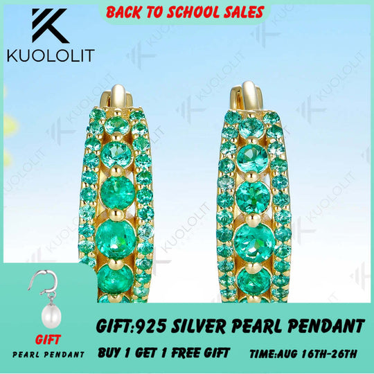 Kuololit 1CTW Lab Grown Emerald  Hoop Earrings for Women Solid 14K 10K Yellow Gold Earrings for Christmas Gift Party Jewelry