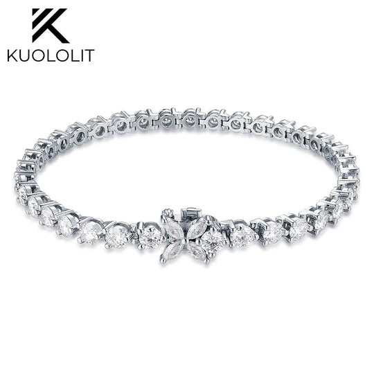 Bracelet de tennis Kuololit en or massif 14K ou 10K, serti de diamants de laboratoire en forme de fleur, idéal pour les femmes et les cadeaux de Noël. 