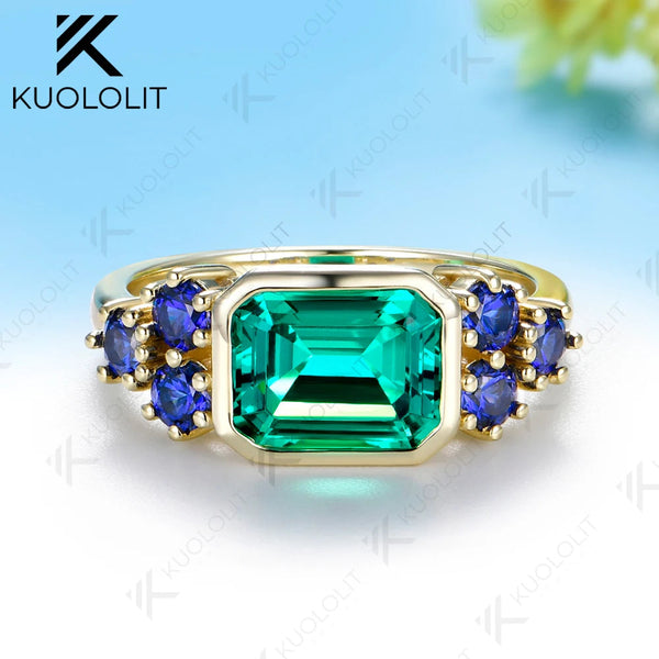 Kuololit 3CT Lab Grown Emerald Sapphire Gemstone Custom Ring for Women Solid 14K10K Yellow Gold for Engagement Wedding Christmas