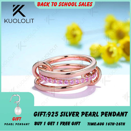 Kuololit Lab Grown Pink Sapphire Moissanite Band Ring for Women Men Solid 14K 10K Silver Rose Gold 3 Rings Connect for Christmas
