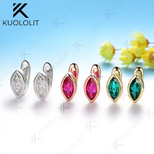 Kuololit 1CTW Marquise Moissanite Lab Grown Ruby Emerald Clip Earrings for Women Solid 14K10K 585 Rose Gold Earrings for Engagement Christmas Gifts