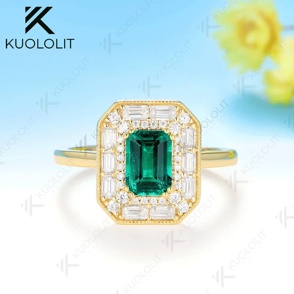 Kuololit 1ct Lab Grown Emerald Moissanite Ring for Women Solid 14K 10K 585  Yellow Gold Engagement Ring for Christmas Gift Party