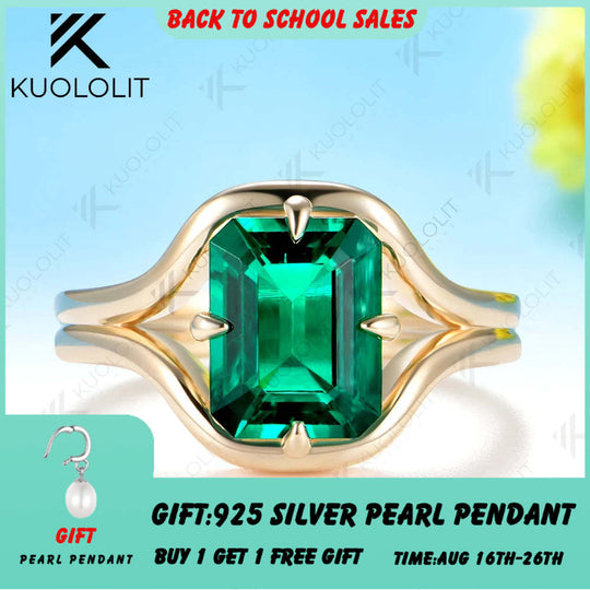 Kuololit 3CT Lab Grown Emerald Custom Ring for Women Solid 14K Yellow Gold Gemstone Ring for Anniversary Christmas Gifts Party