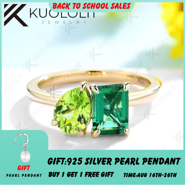 Kuololit 2CTW Lab Grown Emerald Natural Peridot Engagement Ring for Women Solid 14K 10K 585 Yellow Gold Ring for Christmas Gifts praty