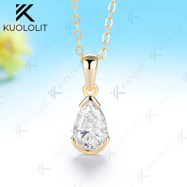 Kuololit 1.5ct Pear Cut Moissanite Necklace for Women Solid 585 14K 10K Yellow Gold Necklace for Christmas Gifts Engagement Party
