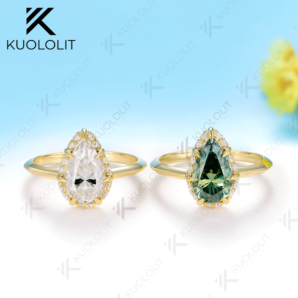 Kuololit 2CT Pear Cut Cyan Moissanite Rings for Women Solid 14K 10K 585 Yellow Gold Pear Cut for Engagement Christmas Gifts Party