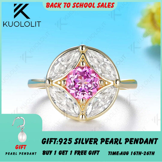 Kuololit 1.2CTW Lab Grown Pink Sapphire Moissanite Custom Ring for Women Solid 14K 10K 585 Yellow Gold for Engagement Christmas