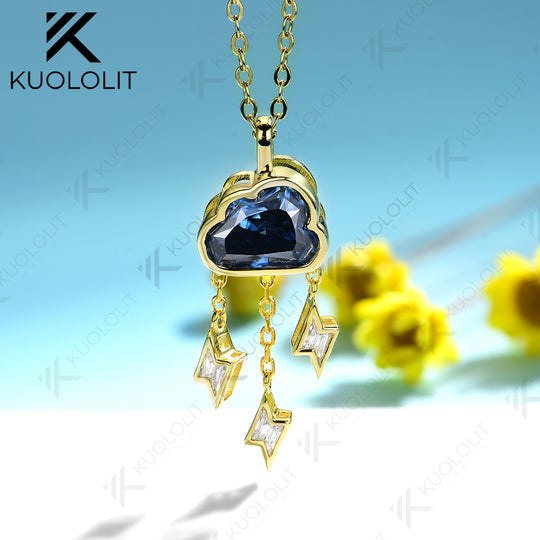 Kuololit 2CT Cyan Blue Cloud Lighting Moissanite Necklace for Women Solid 14K 10K 585 Rose Gold Wedding Necklace for Christmas Gift