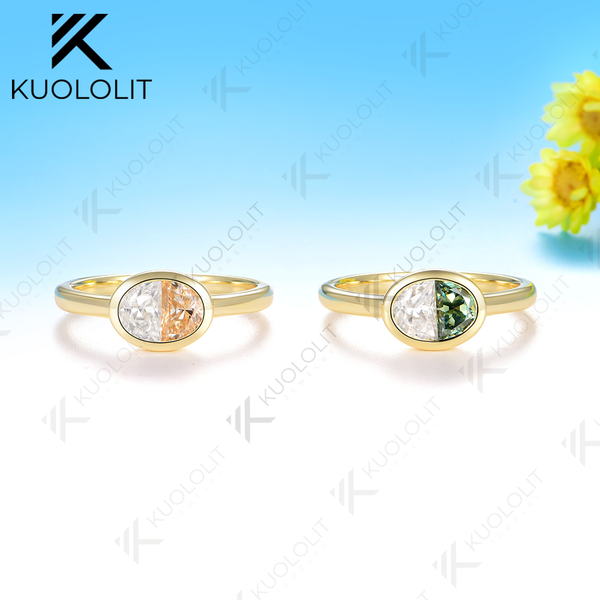 Kuololit 0.9CTW Two Half Champagne Cyan  Moissanite Ring for Women Solid14K10K 585 Yellow Gold Engagement Ring for Christmas Claasic