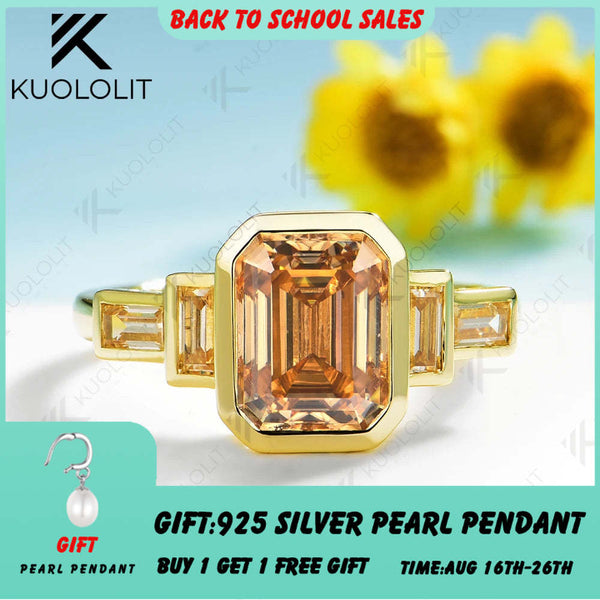 Kuololit 3CT Champange Moissanite Ring for Women Solid 14K 10K 585 Yelllow Gold Emerald Engagement Ring for Christmas GiftsParty