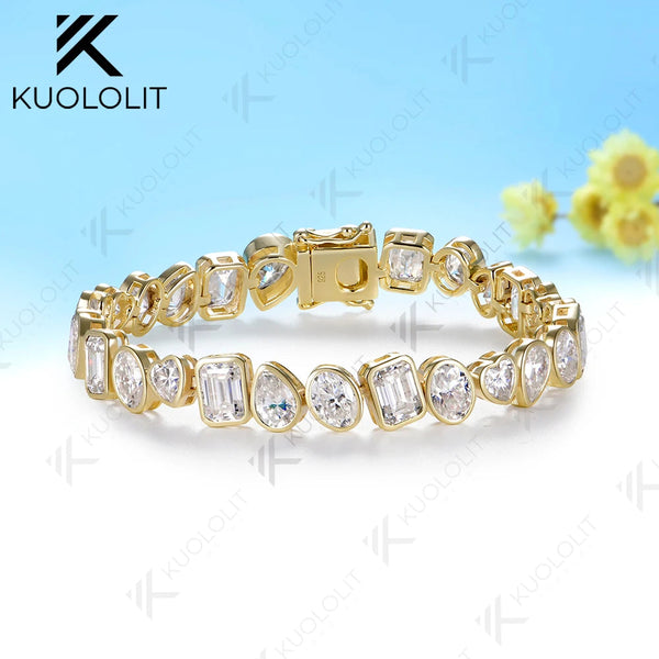 Kuololit 26.5CTW Heart Oval Pear Emerald Cut Moissanite Custom Bracelet for Women Men 14K 10K 585 Yellow Gold for Christmas Gift