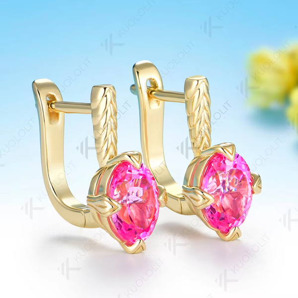 Kuololit 4CTW Oval Moissanite Lab Pink Sapphire Stud Earrings for Women Solid 14K 10K 585 Yellow Gold Oval Cut for Christmas Gifts Party