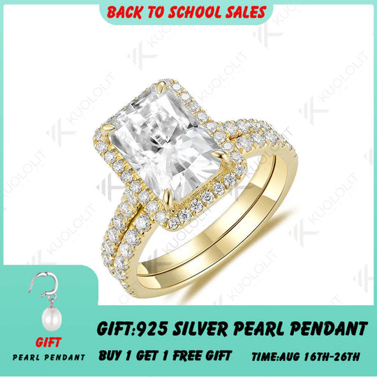 Kuololit 3.5CT Radiant Cut Moissanite Set Ring for Women Solid 18K 14K 10K 585 Yellow Gold Band for Engagement Wedding Christmas