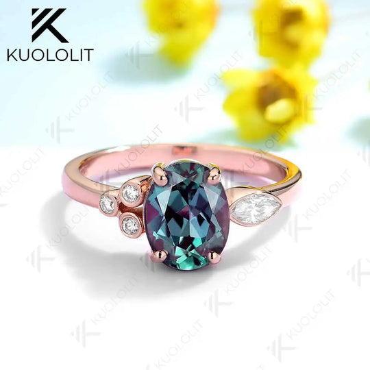 Kuololit 3CT Laborgezüchteter Alexandrit mit Moissanit Ring für Damen Massiver 18K 14K 10K 585 Gelbgoldring - Weihnachtsgeschenk 