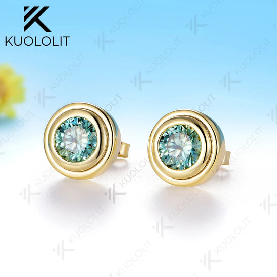 Kuololit 2CTW Cyan Moissanite Stud Earrings for Women Solid 14K 10K 585 Yellow Gold Stud Earrings for Custom Christmas Gifts