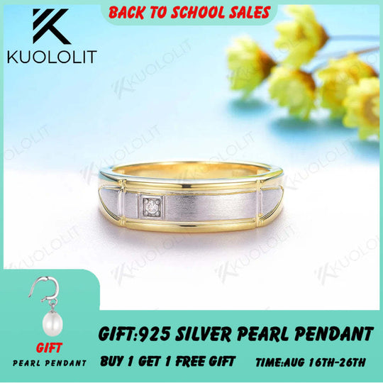 Kuololit Lab Diamond Brushed Band for Men Women Solid  14K10K Two Tone Gold Ring 925 Sliver Round Cut For Wedding Christmas Gift