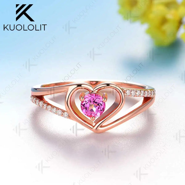 Kuololit Lab Pink Sapphire Diamonds Rings for Women Soild 10K 14K Yellow Gold Diamond Heart Ring  for Engagement Christmas Gifts