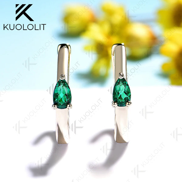 Kuololit 0.7CTW Lab Grown Emerald Custom Hoop Earrings for Women Solid 14K 10K Gold Silver Yellow Gold for Party Christmas Gifts