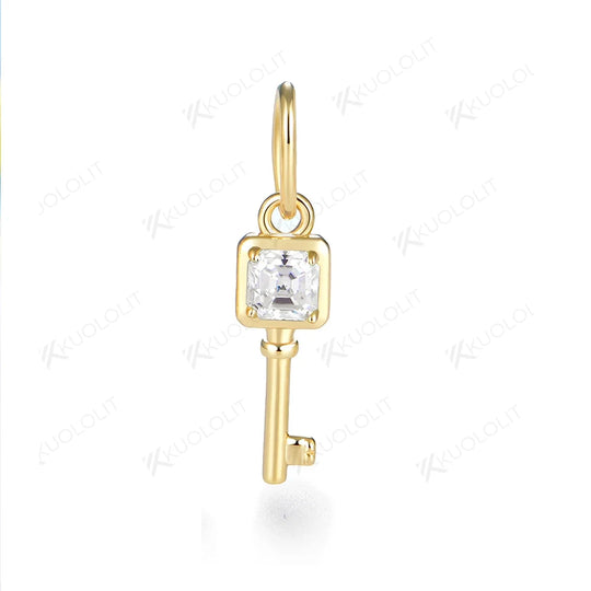 Kuololit Key Pendant Lab Grown Emerald Pink Sapphire Moissanite for Women Solid Yellow Gold No Chain