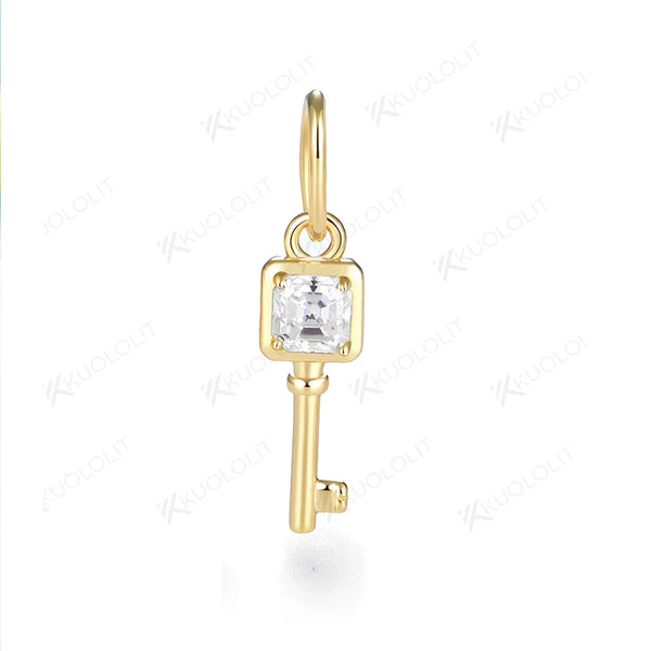 Kuololit Key Pendant Lab Grown Emerald Pink Sapphire Moissanite for Women Solid Yellow Gold No Chain