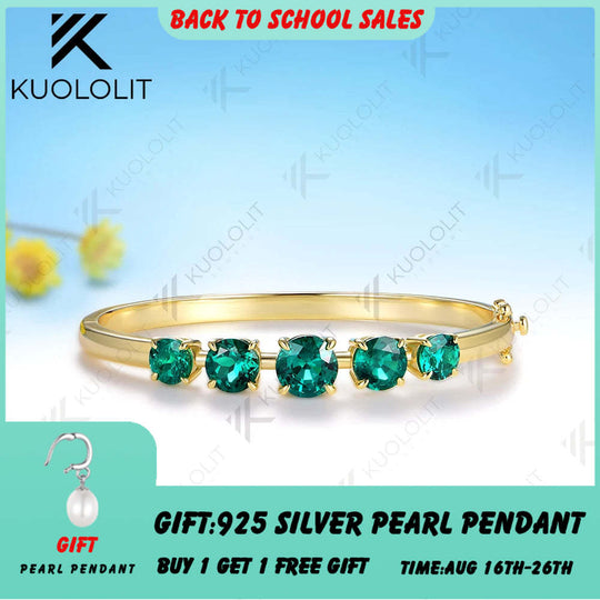 Kuololit 6CTW Round Lab Grown Emerald Custom Bangle for Women Solid 10K Yellow Gold Round Bracelet for Engagement Christmas Gift